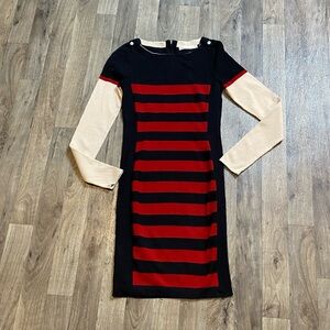 Karen Millen Size 2 Long Sleeve Knit Striped Colorblock Dress Red Navy Coastal